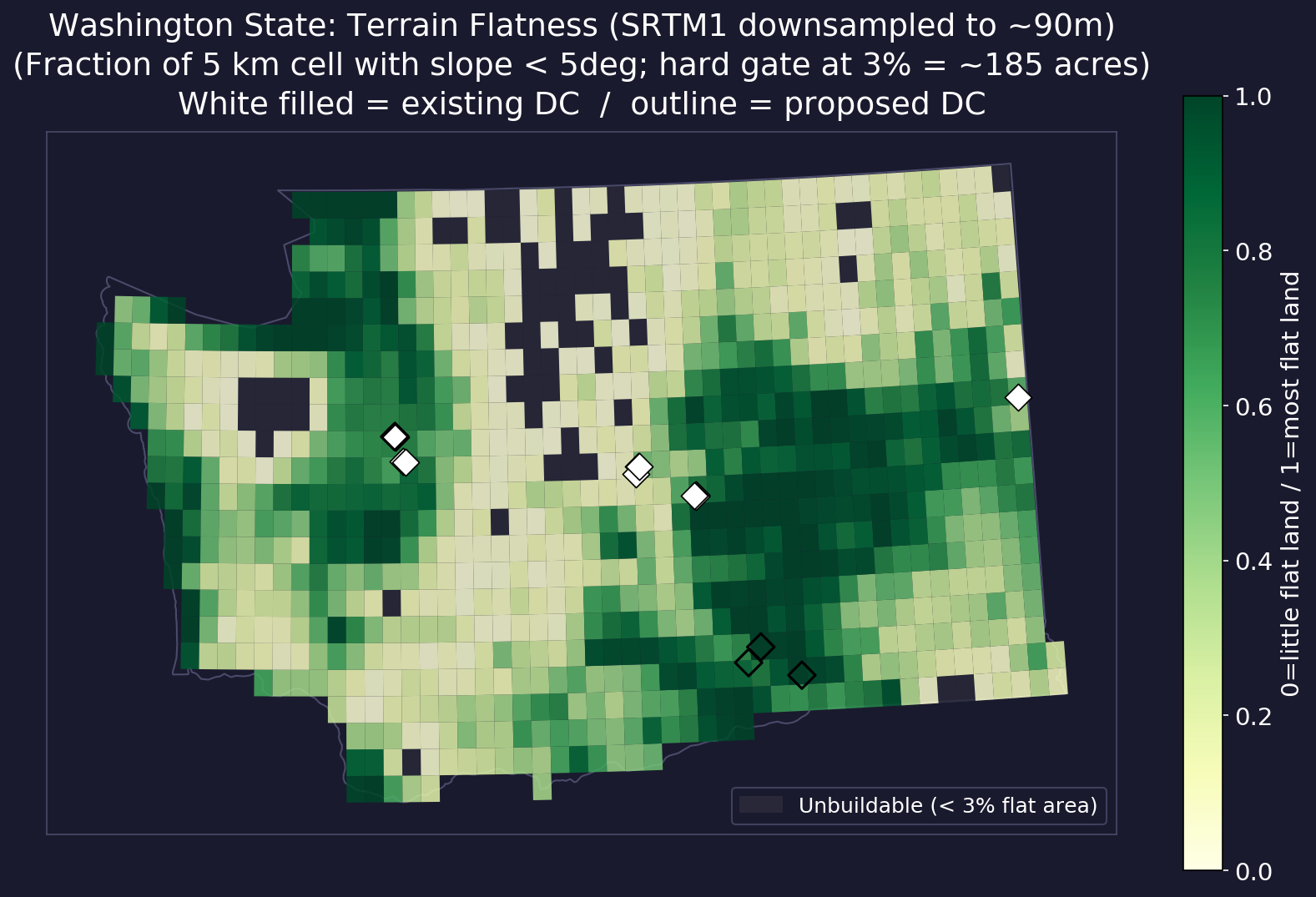 Terrain flatness map for Washington State